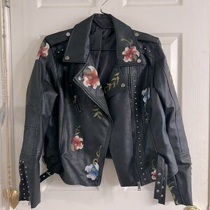 Beautiful pu flower stitch bomber jacket size large new, never been used, no tag